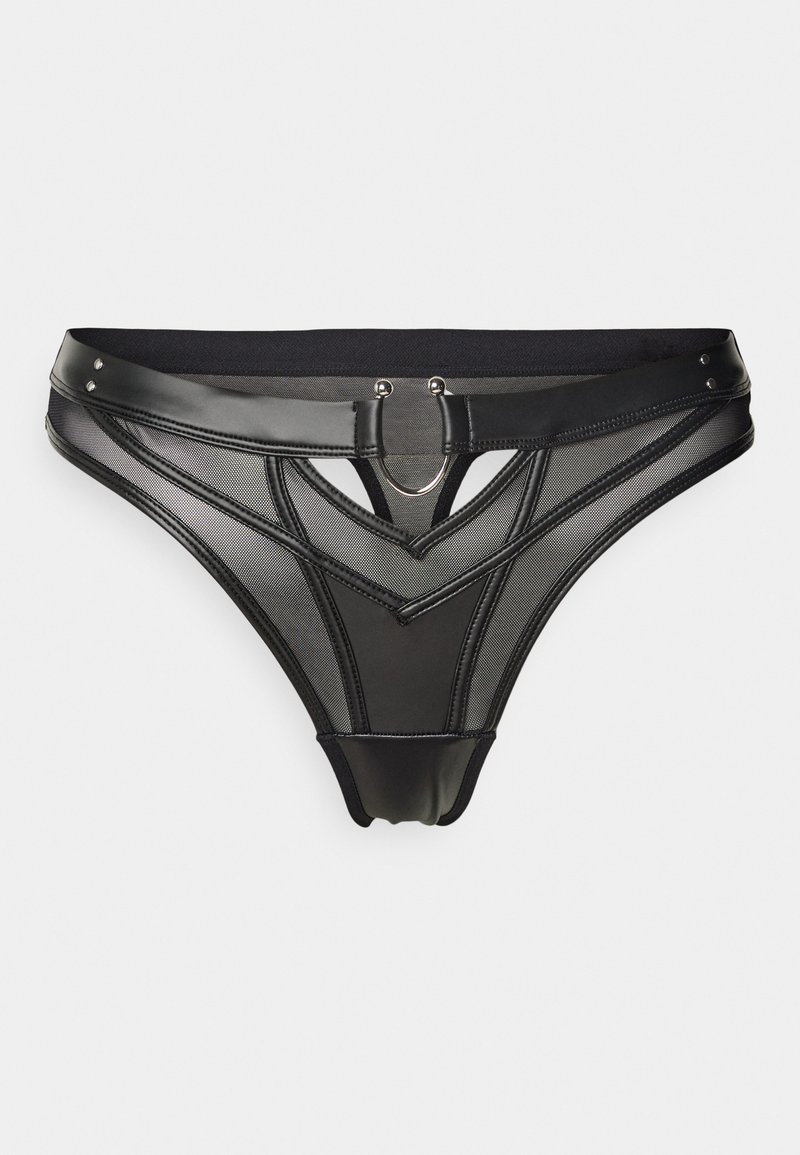 String noir en mesh et cuir synthétique, avec un design en V, des accents en forme d'anneau et une taille contrastante.
