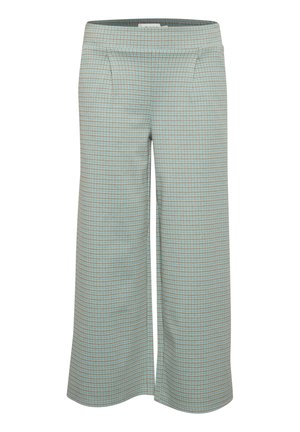 Široké nohavice svetlo modrej farby s kostkovaným vzorom v hnedej a teal farbe. Majú hladký povrch a bočné vrecká.