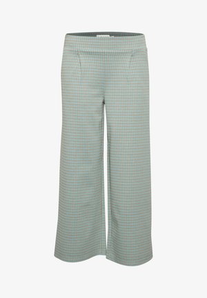 Lichteblauwe wijde broek met een geruit patroon in bruin en turquoise. Beschikt over een soepele textuur en zijzakken.