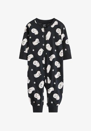 Black pajamas with a front zipper, featuring a playful ghost and star pattern. Made from soft fabric with ribbed cuffs and ankle openings.