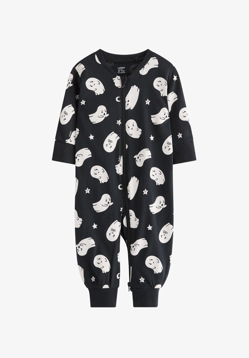 Pyjama noir avec une fermeture éclair à l’avant, affichant un motif ludique de fantômes et d’étoiles. Fabriqué en tissu doux avec des poignets côtelés et des ouvertures pour les chevilles.