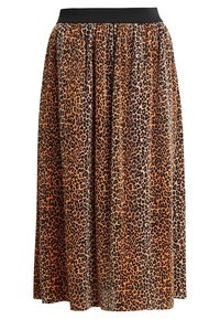 Falda de estampado de leopardo con cinturilla elástica negra; hecha de un tejido suave que presenta tonos variados de naranja, marrón y negro. Diseño largo y fluido.