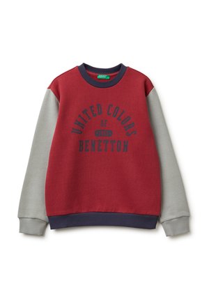 Roter und grauer Sweatshirt mit Rundhalsausschnitt, mit der Aufschrift "UNITED COLORS OF BENETTON 1965" in dunkelblauer Schrift über die Brust.