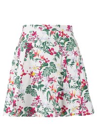 Minifalda floral con un fondo de tela blanca, adornada con hojas verdes y diversas flores coloridas. El diseño plisado añade textura y movimiento.