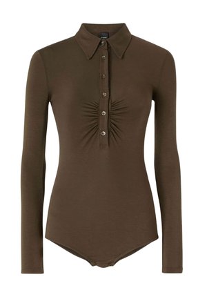 Body lungo marrone con colletto, dotato di una patta con bottoni e dettagli arricciati davanti. Tessuto liscio.