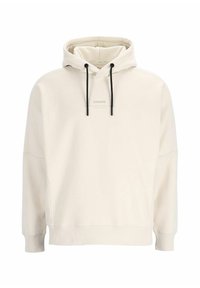 Licht beige hoodie gemaakt van zachte stof. Kenmerkt een logo aan de voorkant, verstelbare zwarte trekkoorden en ribgebreide manchetten en zoom.