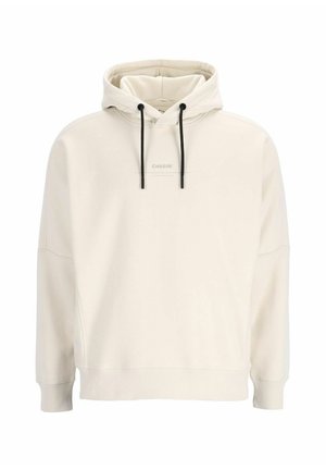 Licht beige hoodie gemaakt van zachte stof. Kenmerkt een logo aan de voorkant, verstelbare zwarte trekkoorden en ribgebreide manchetten en zoom.