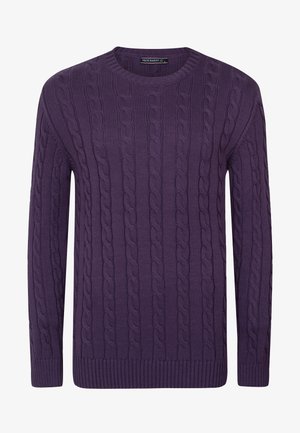 Purple cable knit crewneck sweater with long sleeves and ribbed cuffs and hem.