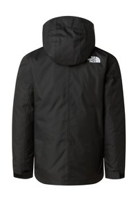 Černá bunda s kapucí, vyrobená z hladkého a odolného materiálu. Na horní části zad má bílé logo a elastické manžety na rukávech.