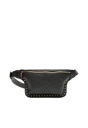 Bolsa de cintura de cuero negro con costuras elaboradas, cierre de cremallera dorado y pequeñas tachuelas doradas a lo largo de la parte inferior y los lados.