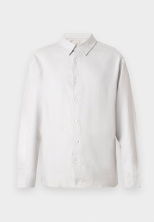 White long-sleeve button-up shirt with collar, seven buttons, and subtle embroidered logo on the left chest.