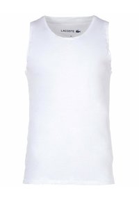 White tank top made of smooth cotton. Round neckline and no sleeves. Features a small Lacoste logo near the collar. Plain design, no patterns.