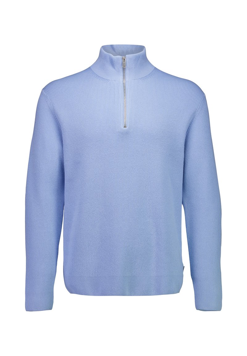 Maglione azzurro chiaro con cerniera a un quarto, trama a coste, maniche lunghe e collo con cerniera. Design semplice, senza motivi o decorazioni.