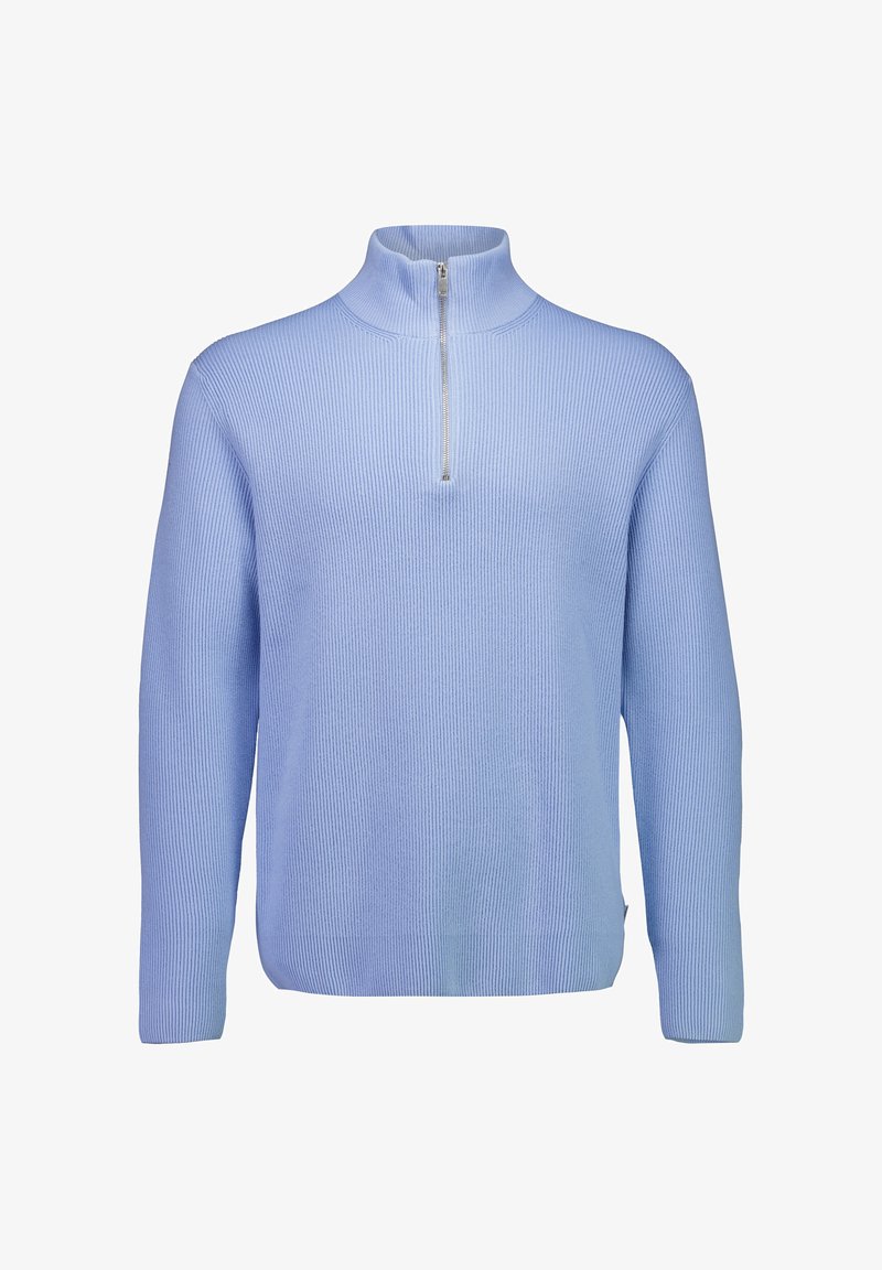 Maglione azzurro chiaro con cerniera a un quarto, trama a coste, maniche lunghe e collo con cerniera. Design semplice, senza motivi o decorazioni.