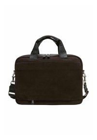 Schwarze Wildleder-Laptoptasche mit Ledergriffen, Reißverschluss, Vordertasche und abnehmbarem Schultergurt. Glatte Textur und unauffälliges Design.