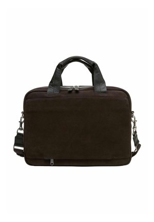 Sac d'ordinateur portable en daim noir avec poignées en cuir, fermeture éclair, poche avant et bandoulière détachable. Texture lisse et design discret.