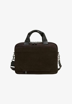Czarna zamszowa torba na laptopa z skórzanymi uchwytami, zamknięciem na zamek błyskawiczny, przednią kieszenią oraz odpinanym paskiem na ramię. Gładka textura i stonowany design.