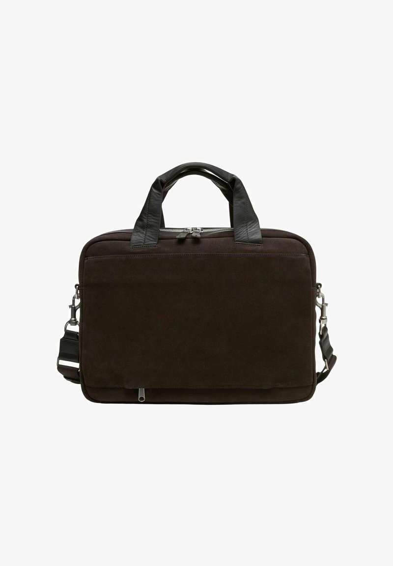 Schwarze Wildleder-Laptoptasche mit Ledergriffen, Reißverschluss, Vordertasche und abnehmbarem Schultergurt. Glatte Textur und unauffälliges Design.