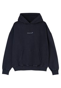 Marineblauwe hoodie van zacht, gestructureerd materiaal met een kangoeroezak en een capuchon met trekkoord. "PEGADOR" logo geborduurd op de borst.