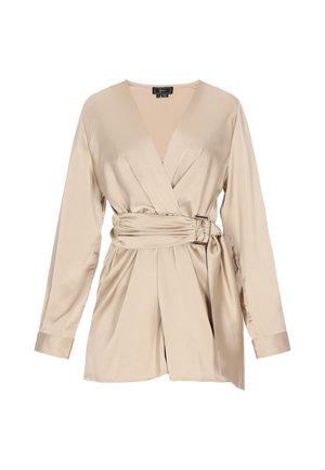 Beige satijnen wikkelblouse met lange mouwen, diepe V-hals en een ceintuur in de taille. Kenmerkt zich door een gladde textuur en een minimalistisch ontwerp.