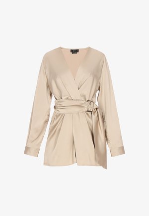 Beige satijnen wikkelblouse met lange mouwen, diepe V-hals en een ceintuur in de taille. Kenmerkt zich door een gladde textuur en een minimalistisch ontwerp.