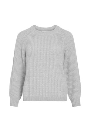 Hellgrauer Strickpullover mit langen Ärmeln, gerippten Bündchen und Rundhalsausschnitt vor einem weißen Hintergrund.