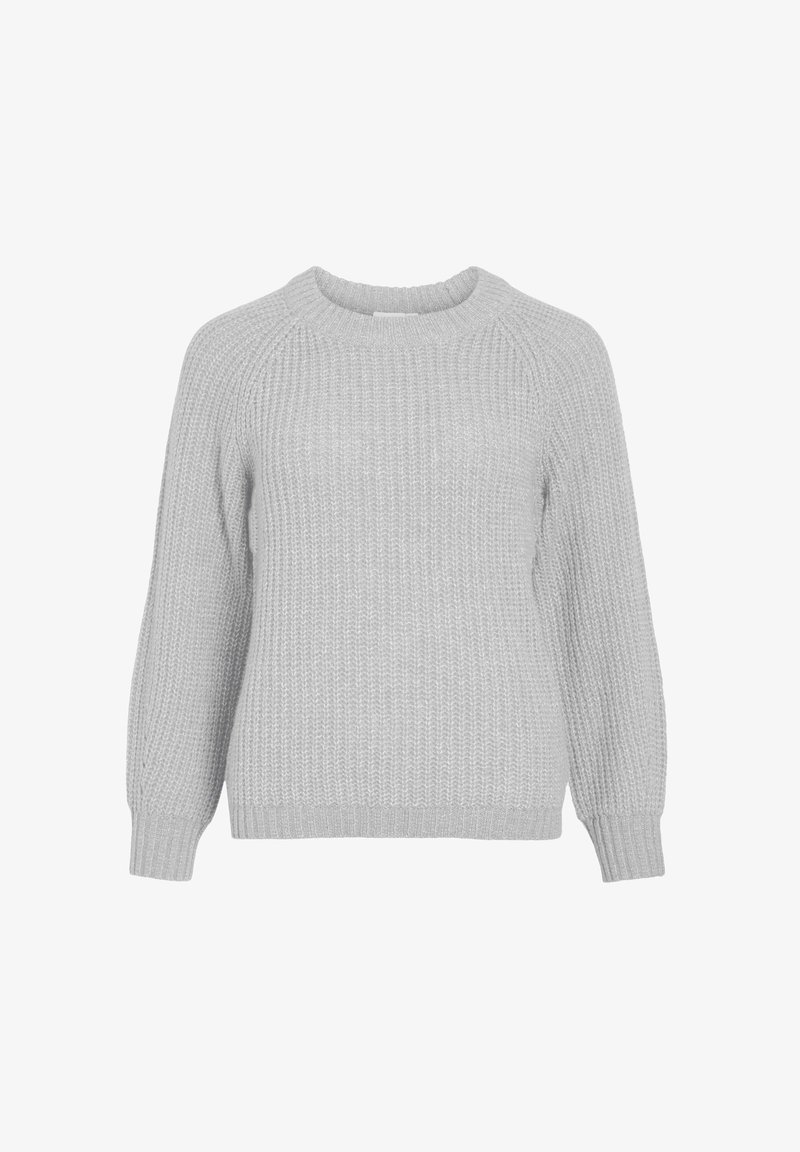 Hellgrauer Strickpullover mit langen Ärmeln, gerippten Bündchen und Rundhalsausschnitt vor einem weißen Hintergrund.
