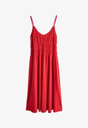 Rochie roșie fără mâneci, cu bretele subțiri reglabile și detaliu elastic adunat pe bust și talie, ce cade sub genunchi.
