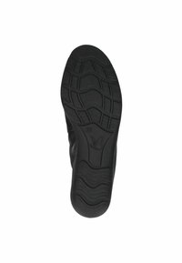Schwarze Gummisohle mit strukturiertem Griffmuster und glatten Bereichen. Verfügt über ein stilisiertes Logo und erhöhte Kanten für zusätzliche Stabilität.