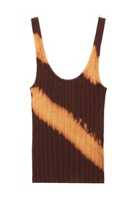 Brown ribbed tank top featuring a diagonal orange tie-dye pattern, with wide straps and a scoop neckline.