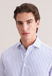 Camicia a righe con strisce verticali blu e bianche, collo button-down e una texture liscia in cotone.