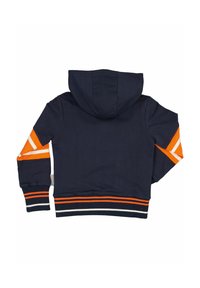 Navy blue huppari, jossa on oranssit yksityiskohdat ja raidat hihoissa, ribbaus helmassa ja hihansuissa. Pehmeä kangas.