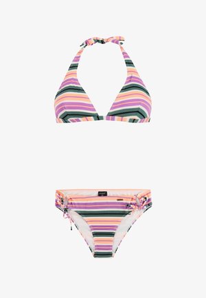 Bikini deux pièces rayé avec un haut à nouer autour du cou et un bas à nouer sur les côtés, aux couleurs pastel pêche, violet, blanc et noir.