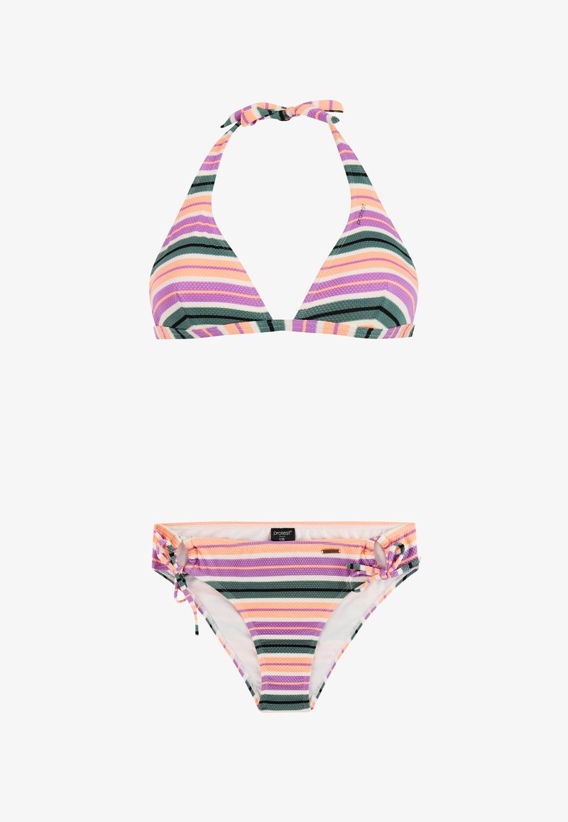 To-delt bikini med striber, med halterneck-top med bindebånd og bindebånd i siderne på trusserne i pastelfarverne fersken, lilla, hvid og sort.