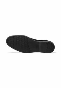 Schwarze Schuhsohle mit strukturiertem Muster, kurvenförmiger Form und glatten Kanten. Merkmale ein flaches Design und besteht aus Gummi. Keine sichtbaren Akzente.