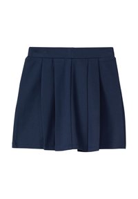 Marineblauer, plissierter Rock aus weichem Stoff, mit einem Bund und gleichmäßigen Falten, unten gesäumt für ein sauberes Finish.