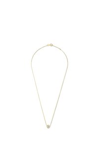 Gouden ketting met een dunne schakel en een ronde hanger met een enkele edelsteen. Gladde textuur, eenvoudig ontwerp en een karabijnsluiting.