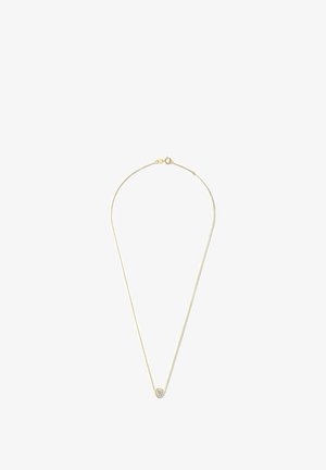 Collier en or avec une fine chaîne et un pendentif circulaire abritant une seule pierre précieuse. Texture lisse, design simple et fermoir à homard.