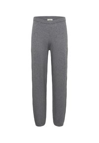 Graue, lässige Sweatpants aus weichem Material, mit elastischem Bund und schmal zulaufendem Bein. Keine auffälligen Muster oder Akzente.