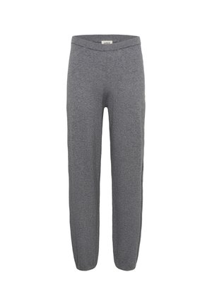 Grijze, relaxte sweatpants van zacht materiaal, met een elastische tailleband en een taps toelopend ontwerp. Geen opvallende patronen of accenten.