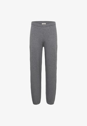 Graue, lässige Sweatpants aus weichem Material, mit elastischem Bund und schmal zulaufendem Bein. Keine auffälligen Muster oder Akzente.