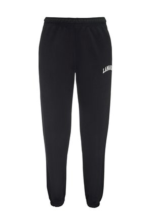 Pantaloni de trening negri, dintr-un material moale, cu talie elastică și tivuri cu manșete, având brodare albă cu textul "LAMADIZ".