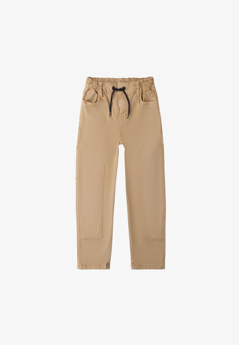 Beige Cargo-Hosen mit einem elastischen Bund, verstellbarem Kordelzug, Seitentaschen und dekorativen Nähten auf den aufgesetzten Taschen.