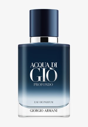 Acqua Di Giò Profondo Eau de Parfum bottle, dark blue gradient glass with silver text and navy blue cap by Giorgio Armani.