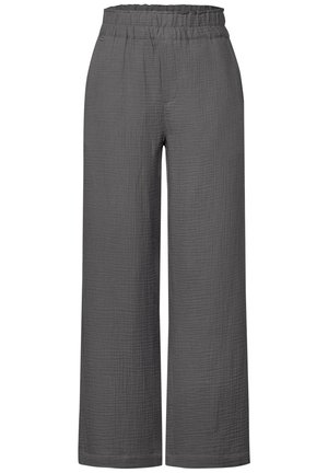Wide-leg pants in textured gray fabric with an elastic waistband and subtle grid pattern. Features two side pockets.