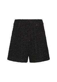 Shorts noirs taille haute en tissu texturé avec des détails subtils en sequins, dotés d'une silhouette ajustée légèrement évasée.