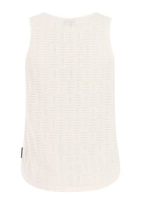 Haut blanc sans manches avec un motif en grille subtil composé de petits points horizontaux et verticaux, vu de dos.