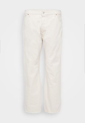 Vaqueros de denim blanco con corte recto, que cuentan con un cierre de botón, trabillas para cinturón y dos bolsillos laterales. Textura suave, con un detalle mínimo.