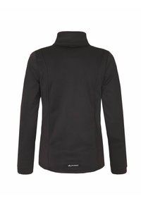 Pullover nero con colletto alto, maniche lunghe e texture liscia. Presenta cuciture a contrasto e un logo in basso.