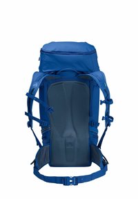 Blauwe wandelrugzak met gevoerde rugsteun, verstelbare banden en een bovenste ritscompartiment. Duurzaam stof en ergonomisch ontwerp.